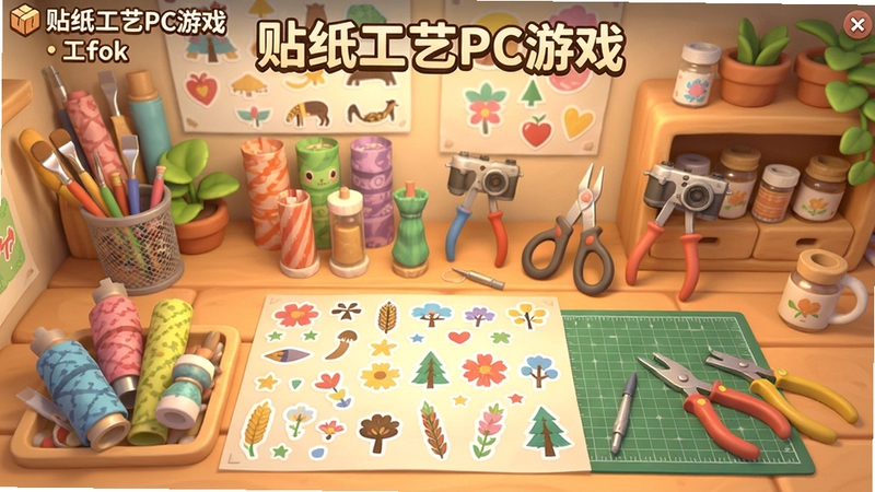 生成一张展示贴纸工艺PC游戏主界面的截图,包含“贴纸工艺PC游戏”工坊场景、各种贴纸材料和制作工具,画面色彩明亮温馨