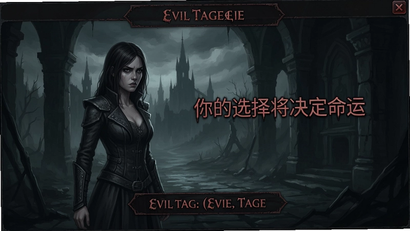 邪恶标签(Evil tag)主界面,女主角对峙场景,文字“你的选择将决定命运”