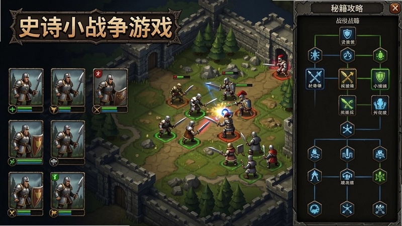 史诗小战争游戏电脑版 游戏主界面与战斗场景,包含‘史诗小战争游戏’兵种、战役地图和科技树,展现丰富策略玩法与秘籍攻略