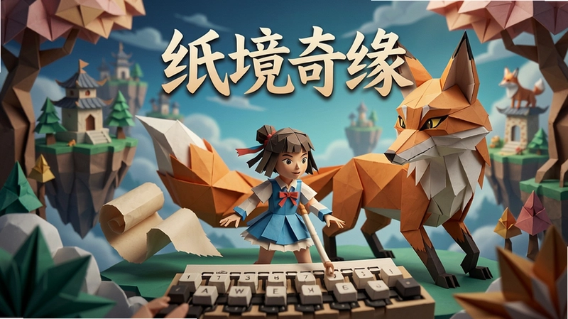“纸境奇缘”游戏主视觉图,折纸世界中的少女与巨狐,充满奇幻风格的高清场景,展现打字冒险的独特性