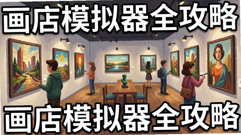 画店模拟器游戏画面,画廊内景顾客欣赏画作,图上文字“画店模拟器全攻略”