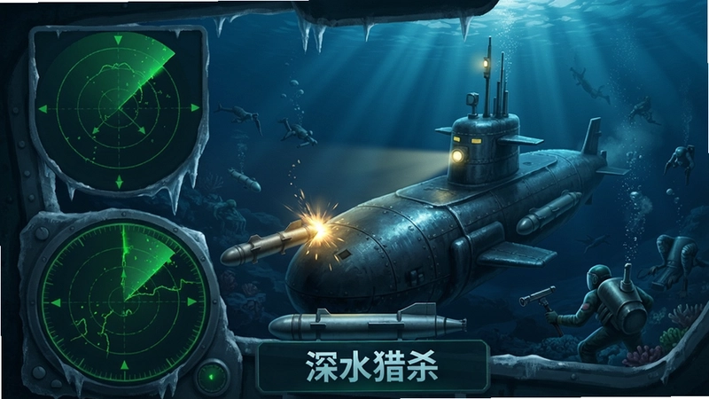 冰冷海域游戏潜艇作战场景,显示声呐界面、鱼雷攻击和水下环境,“深水猎杀”