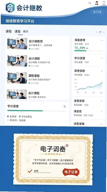 会计继教继续教育学习平台界面,展示课程列表、学分进度和电子证书,突出