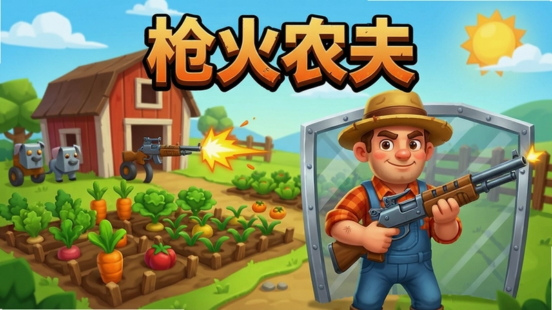 枪火农夫 游戏主视觉 农场与枪战元素 卡通风格 角色持枪守卫菜园 显示“枪火农夫”标题