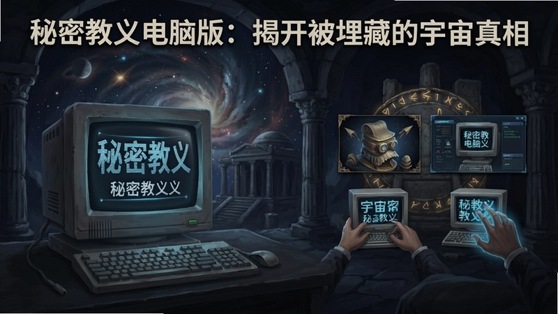 秘密教义电脑版游戏主视觉图与核心玩法展示,文字“秘密教义电脑版:揭开被埋藏的宇宙真相”