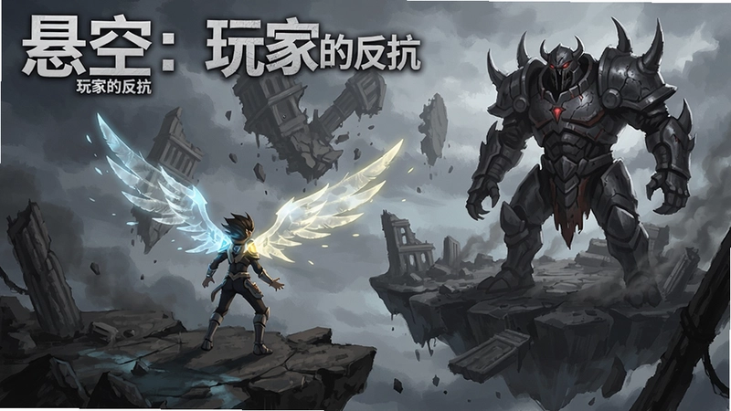 游戏《悬空:玩家的反抗》场景原画,展现浮空大陆残骸、光翼主角与巨型敌对守卫对峙,氛围悲壮,带“悬空:玩家的反抗”标题字样
