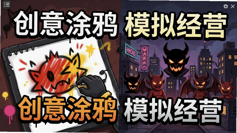 涂鸦恶魔电脑版游戏主界面,展示涂鸦创作与恶魔都市风格,文字标注“创意涂鸦 模拟经营”