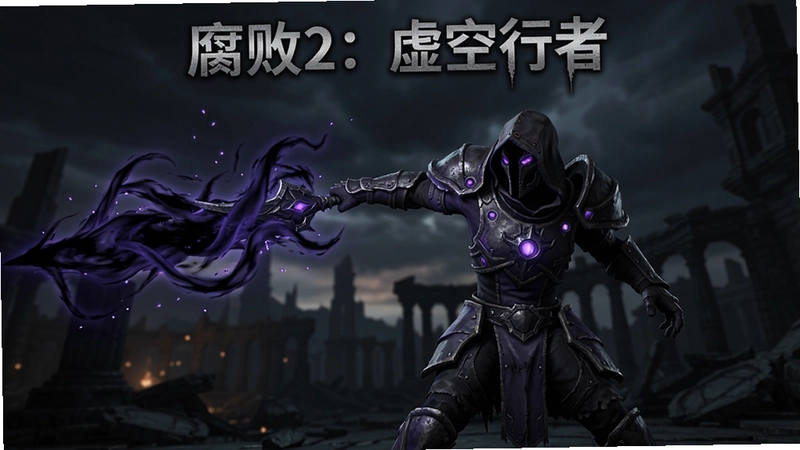 腐败2:虚空行者战斗场景,角色挥舞虚空能量,暗黑风格画面,标题“腐败2:虚空行者”