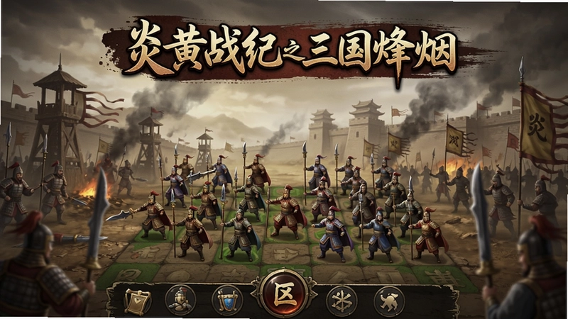 “炎黄战纪之三国烽烟”游戏主界面,三国背景,策略战棋,武将列阵,古风浓郁,烽烟战场