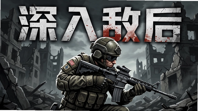 深入敌后(Beyond Enemy Lines)游戏主视觉海报,特战队员持枪隐蔽在废墟中,上方映出标题大字“深入敌后”
