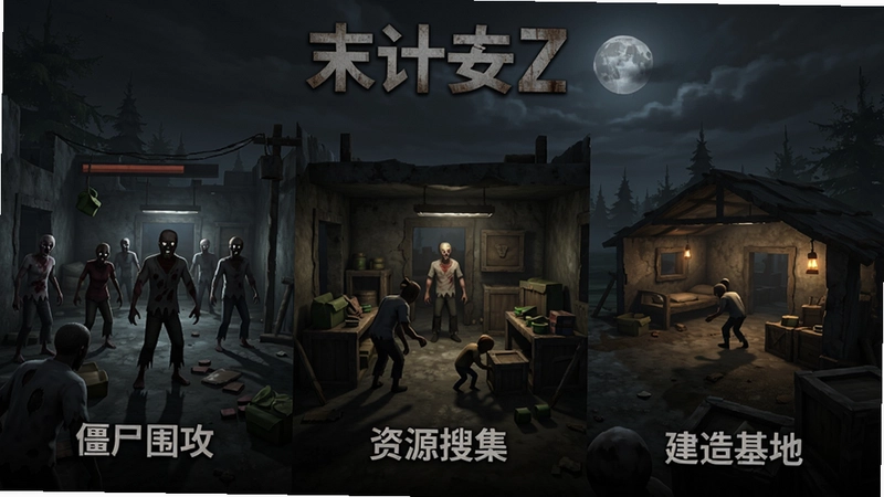 NightZ末日生存游戏画面,包含“僵尸围攻”“资源搜集”“建造基地”场景,展示开放世界硬核生存玩法