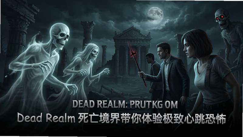 Dead Realm死亡境界游戏主界面,幽灵与人类对峙的画面,配文“Dead Realm死亡境界带你体验极致心跳恐怖”
