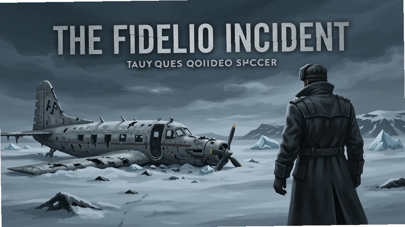 费德里奥事件(The Fidelio Incident)游戏主视觉图,包含飞机残骸、冰岛雪原和主角背影,氛围冷峻