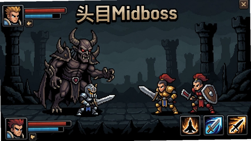 头目Midboss电脑版游戏主界面,反派头目对战勇者团队,暗黑风格场景,包含角色状态栏和技能图标,文字“头目Midboss”