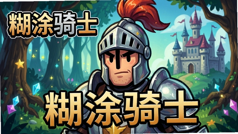 一幅展现糊涂骑士游戏主角身披铠甲的插画,背景是魔法森林与城堡,图片中带有“糊涂骑士”游戏标题文字