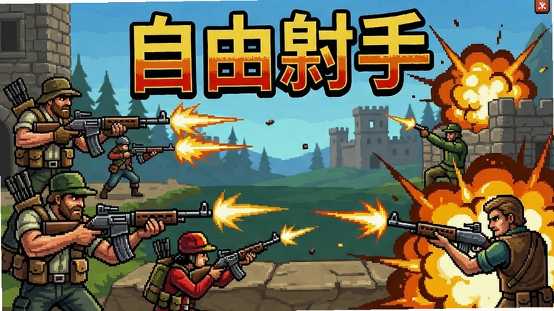 自由射手电脑版游戏截图包含多角色、丰富枪械和爆炸战斗场景,显示‘自由射手’标题文字