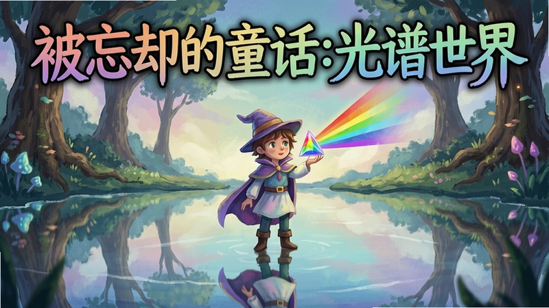 被忘却的童话:光谱世界游戏封面,梦幻手绘风格,主角手持光谱棱镜站在镜面湖泊上,“被忘却的童话:光谱世界”标题醒目