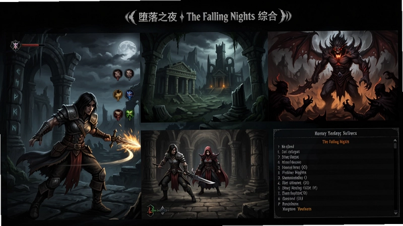 “堕落之夜(The Falling Nights)”游戏综合展示,暗黑奇幻世界,主角战斗、探索遗迹、遭遇Boss,包含完整攻略与快捷键解析