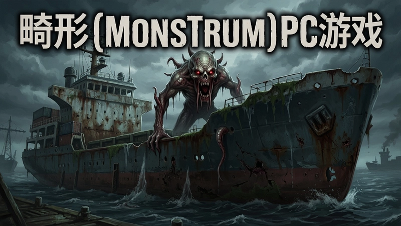 畸形(Monstrum)PC游戏主视觉图,废弃货轮,恐怖怪物,带有“畸形(Monstrum)PC游戏”标题字样