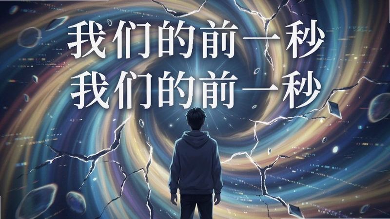 “我们的前一秒”游戏主视觉图,展示主角站在流光溢彩的时光裂隙前,画面文字“我们的前一秒”