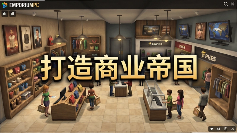EmporiumPC游戏模拟经营界面,展示商场内部装修风格、商品陈列和顾客购物场景,画面中央有“打造商业帝国”字样