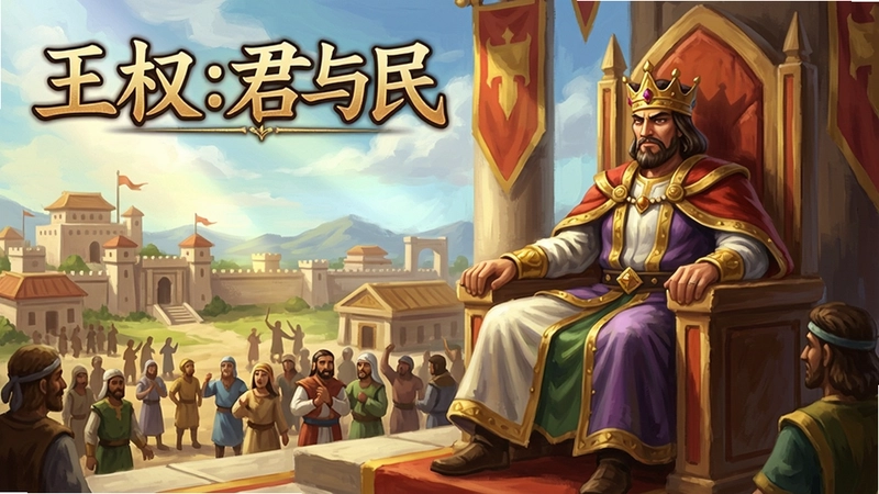一幅展示“王权:君与民”游戏中国王坐在王座上俯瞰子民的艺术插画,画面包含“王权:君与民”标题与古代王国场景