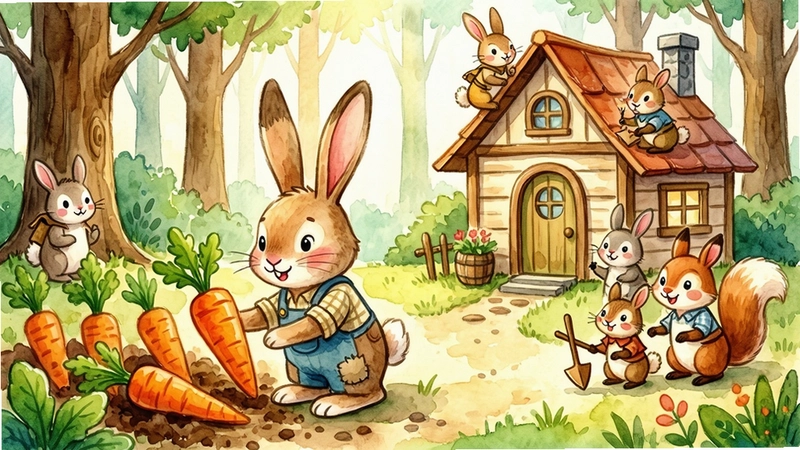 兔子的故事 森林小屋 兔子种植胡萝卜 可爱动物邻居 手绘水彩画风 温馨田园场景 冒险与友谊