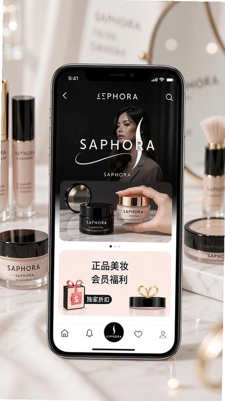 丝芙兰app精美界面展示,包含“正品美妆、会员福利、独家折扣”