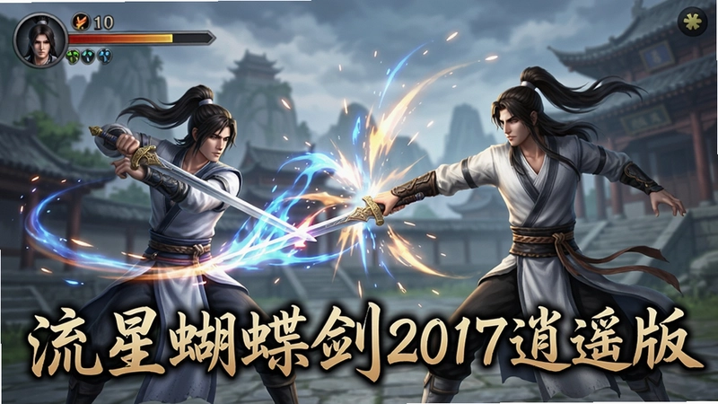 流星蝴蝶剑2017逍遥版游戏画面,武侠人物持剑对战,技能特效炫酷,包含“流星蝴蝶剑2017逍遥版”标题文字