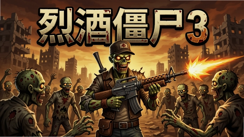 烈酒僵尸3游戏海报,末日废土僵尸射击游戏场景,主角持枪迎战大量僵尸,标注“烈酒僵尸3”