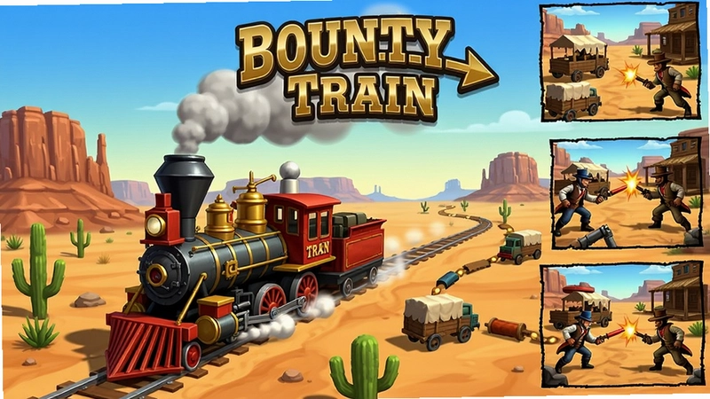 Bounty Train赏金火车游戏主界面截图,展示蒸汽火车在西部荒野行驶、贸易路线与战斗场景,游戏logo