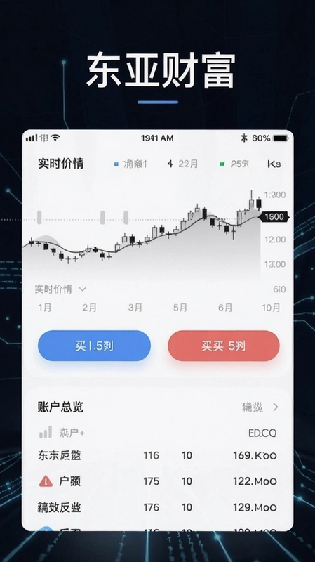 生成一张展示“东亚财富”APP核心界面的图片,包含实时行情走势图、买入卖出按钮和账户总览,突出金融科技感