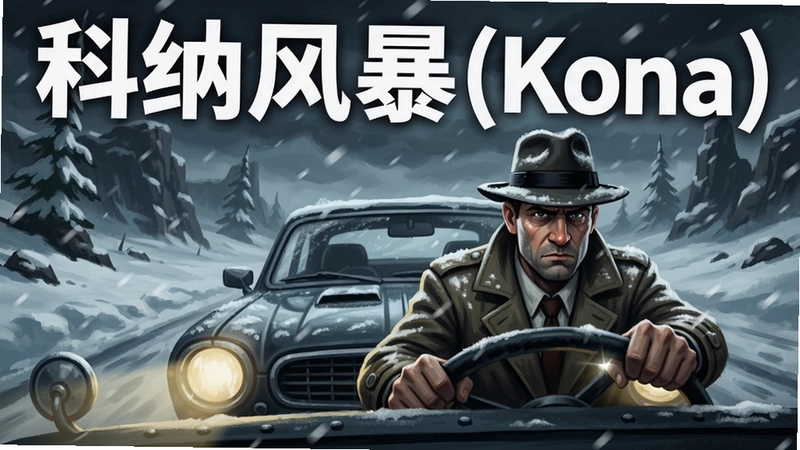 科纳风暴(Kona)游戏海报,包含侦探在风雪中驱车探索的场景,标题“科纳风暴(Kona)”