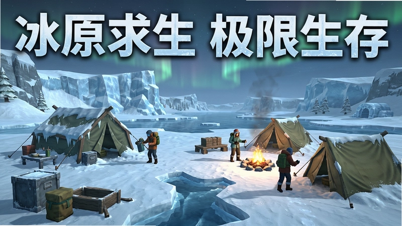 ICED冰原求生游戏场景,展示冰原生存与营地建造,含“冰原求生 极限生存”文字