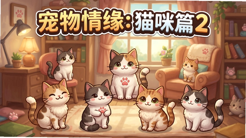 宠物情缘:猫咪篇2游戏主界面,展示多只可爱猫咪与温馨场景,包含标题文字宠物情缘:猫咪篇2,可用于游戏介绍文章的插图