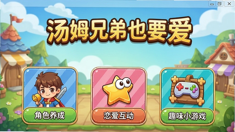 “汤姆兄弟也要爱”电脑版游戏主界面,涵盖“角色养成”“恋爱互动”“趣味小游戏”等元素