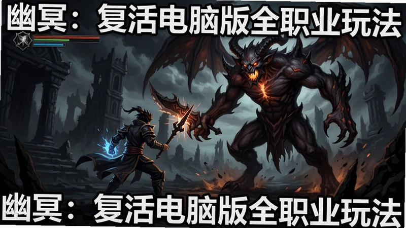 幽冥:复活游戏战斗画面,主角对抗巨大恶魔,暗黑风格场景,文字“幽冥:复活电脑版全职业玩法”
