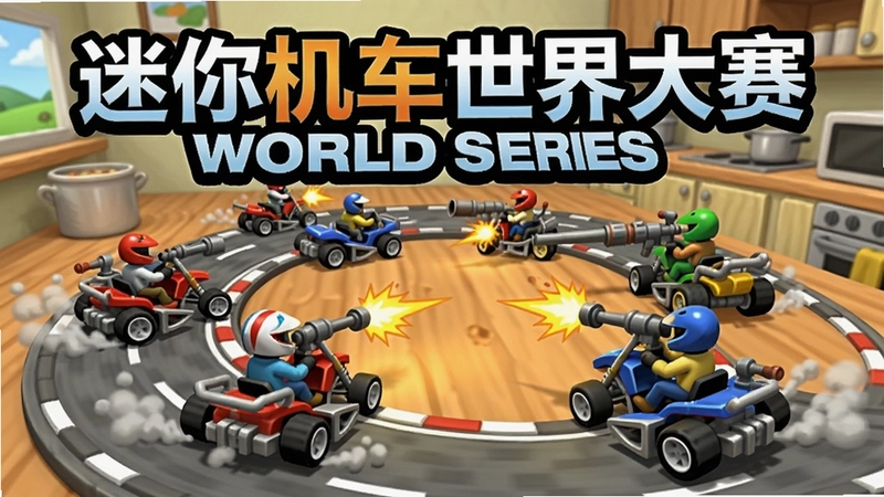 迷你机车世界大赛(Micro Machines World Series)游戏封面与战斗场景,包含“迷你机车世界大赛”字样,展现各种微型赛车在厨房桌面赛道飞驰并使用武器攻击的激烈画面