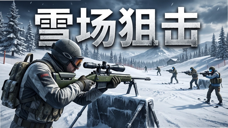 雪场狙击游戏宣传图,滑雪狙击手与冰雪战场,高清写实画质,包含