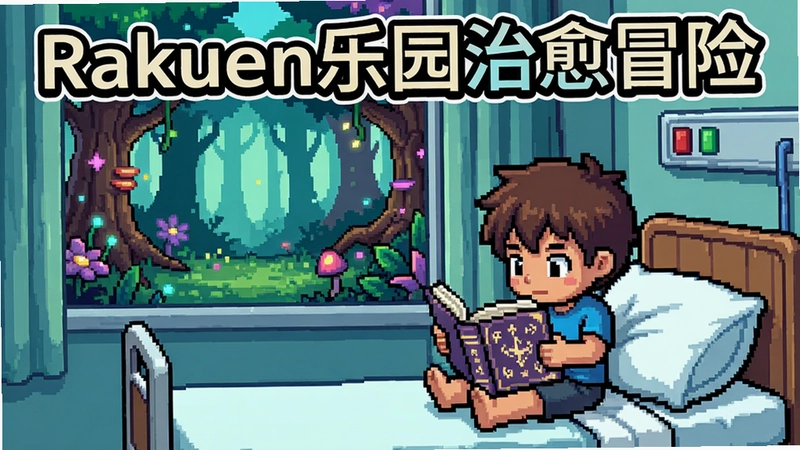 一幅Rakuen乐园游戏截图,像素风格小男孩在医院病房阅读魔法书,窗外是奇幻森林,画面上方用中文标注“Rakuen乐园治愈冒险”