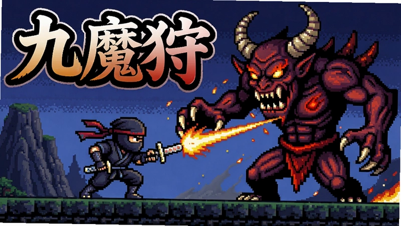 像素忍者:九魔狩游戏宣传海报,展现忍者主角与巨大妖魔激战的像素风格场景,包含“九魔狩”艺术字标题