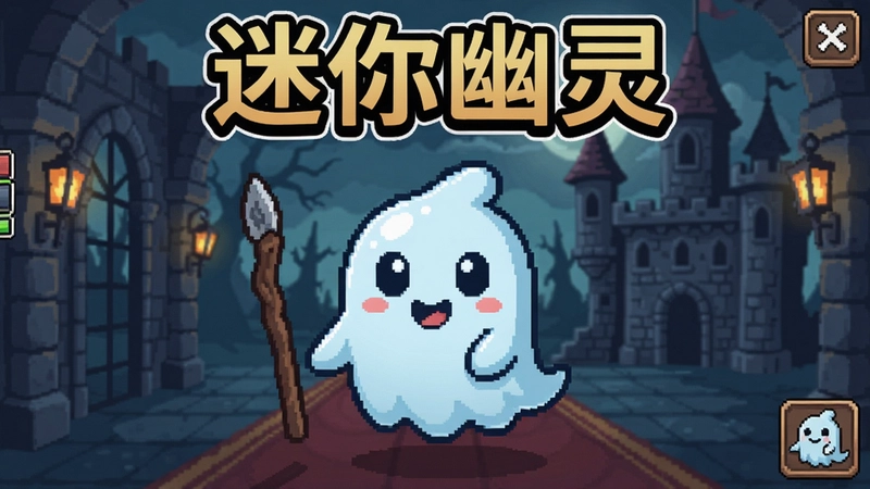 迷你幽灵电脑版游戏主界面与可爱幽灵主角在古堡场景中的截图,文字标注“迷你幽灵”