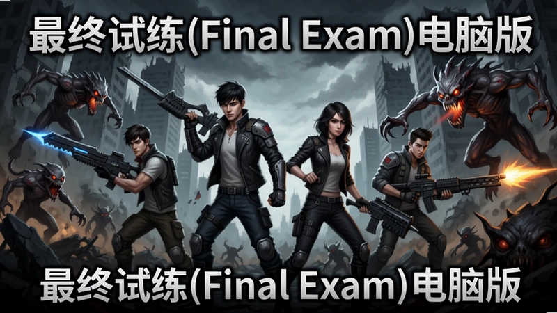 “最终试练(Final Exam)”游戏主视觉图,四位主角手持武器在城市废墟中对抗变异怪物,文字“最终试练(Final Exam)电脑版”