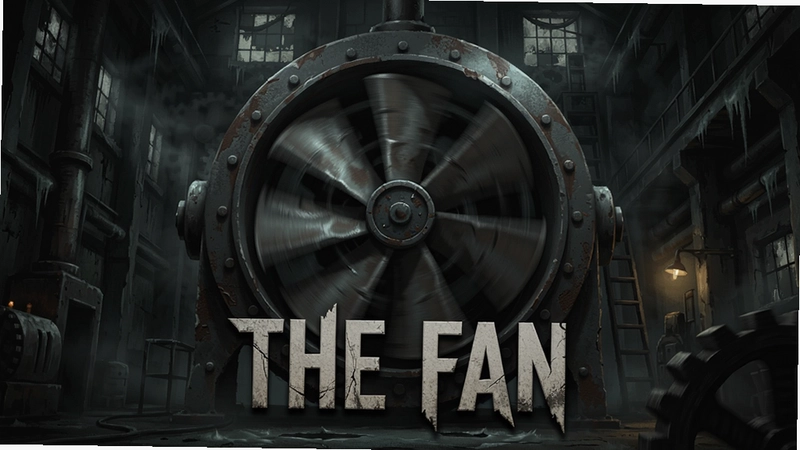“The Fan”游戏主视觉图,阴森工厂中巨大的工业风扇旋转,文字“The Fan”
