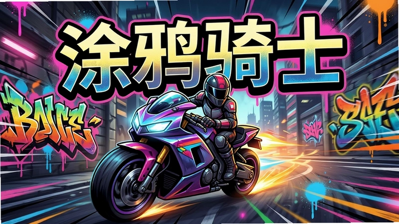 涂鸦骑士游戏海报,包含炫酷赛车与街头涂鸦艺术风格,画面充满动感速度线,“涂鸦骑士”标题醒目