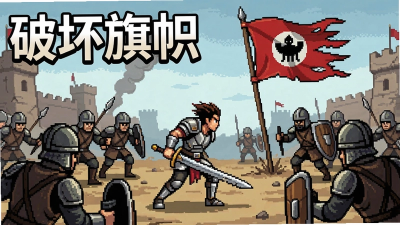 破坏旗帜电脑版游戏截图,主角持剑冲向敌方旗帜,周围敌兵环绕,“破坏旗帜”标题字样