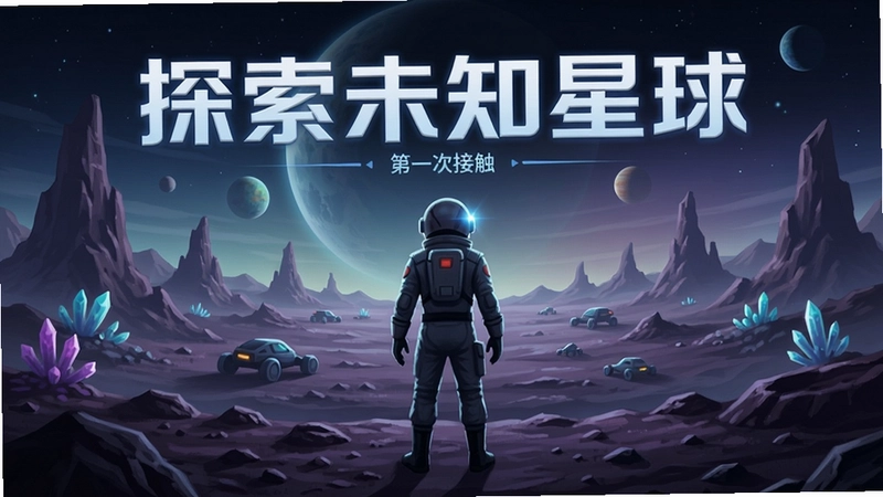 外星球:第一次接触游戏主视觉图,包含外星地表和主角,文字“探索未知星球”