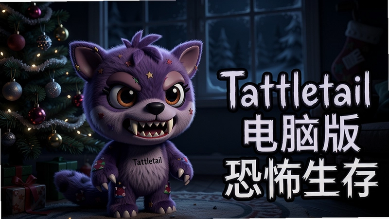 游戏Tattletail的主视觉图,画面中一个紫色毛发、大眼獠牙的玩具“Tattletail”站在昏暗的圣诞树旁,旁边写着“Tattletail电脑版恐怖生存”