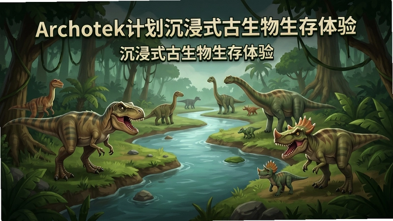 “Archotek计划”游戏主界面展示恐龙生态与自然环境,包含丛林、河流和多种恐龙,文字标题“Archotek计划沉浸式古生物生存体验”
