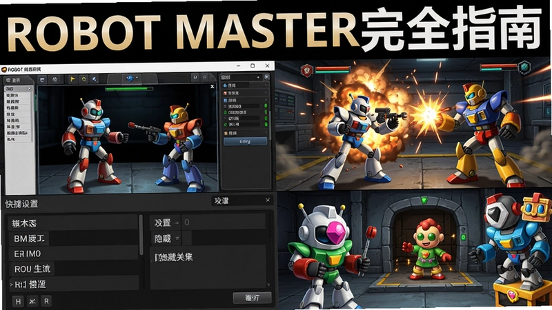 一张“ROBOT MASTER电脑版全攻略”合成主图,涵盖机器人装配界面、激烈对战场景、快捷键设置面板与隐藏关卡彩蛋,标题为“ROBOT MASTER完全指南”